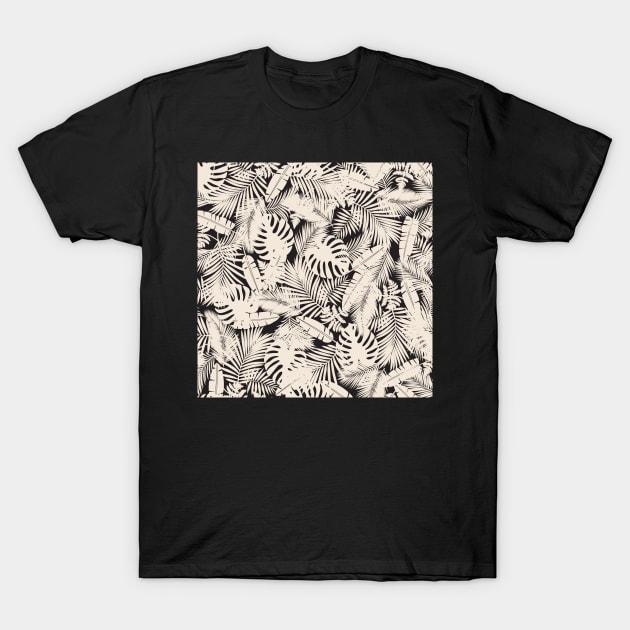 Tropical Leaves in Black and Ivory T-Shirt by matise